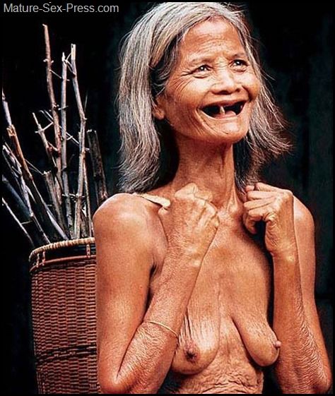 Very Old Skinny Tothless Asian Grandma with a Lot of Wrinkles Naked Outdoor …