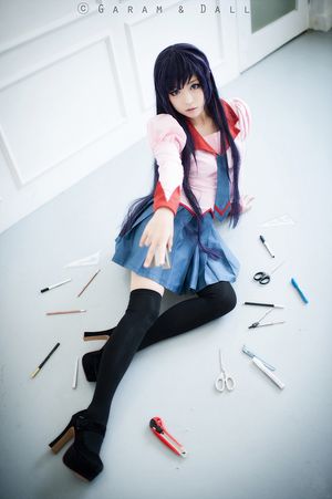 tomiaaaaaaa senjougahara_hitagi bakemonogatari blouse cosplay pleated_skirt purple_hair uniform scissors skirt thighhighs tie zettai_ryouiki