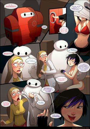 baymax big_hero_6 black_hair blonde_hair bra cleavage comic disney female glasses gogo_tomago green_eyes honey_lemon long_hair short_hair sillygirl speech_bubble undressing