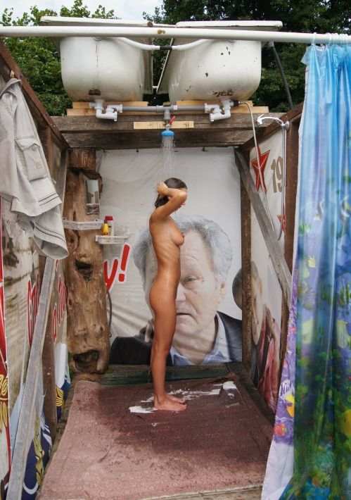 Babes in the Shower outdoor shower edition (rube goldberg edition)