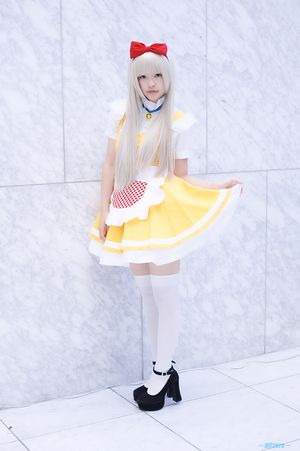 cosplay high_resolution amemiya_kosuzu apron blonde_hair blouse doraemon dorami dress_lift hairbow jumper thighhighs white_legwear zettai_ryouiki