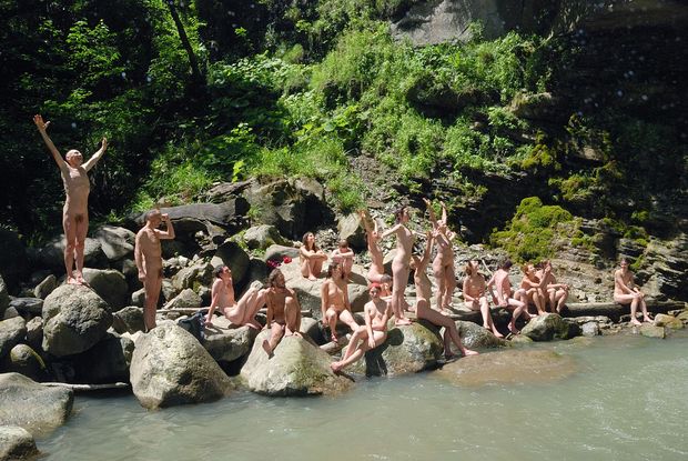 Large nudist group.