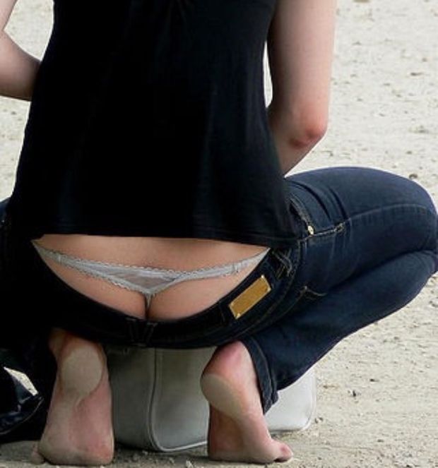 Grey thong peeking out