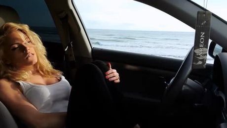 Blond beauty masturbates in the car