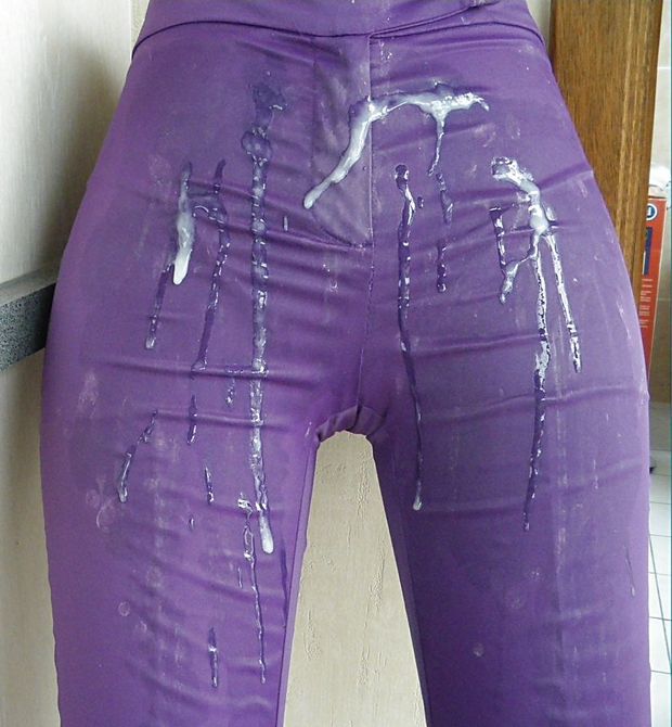 big load of white jizz on pink trousers