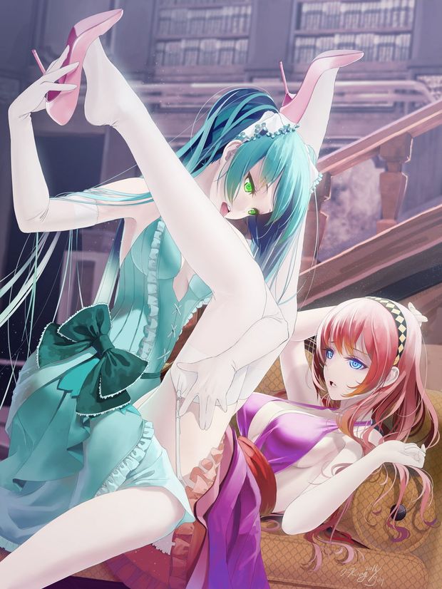 hatsune miku and megurine luka (vocaloid) drawn by okingjo