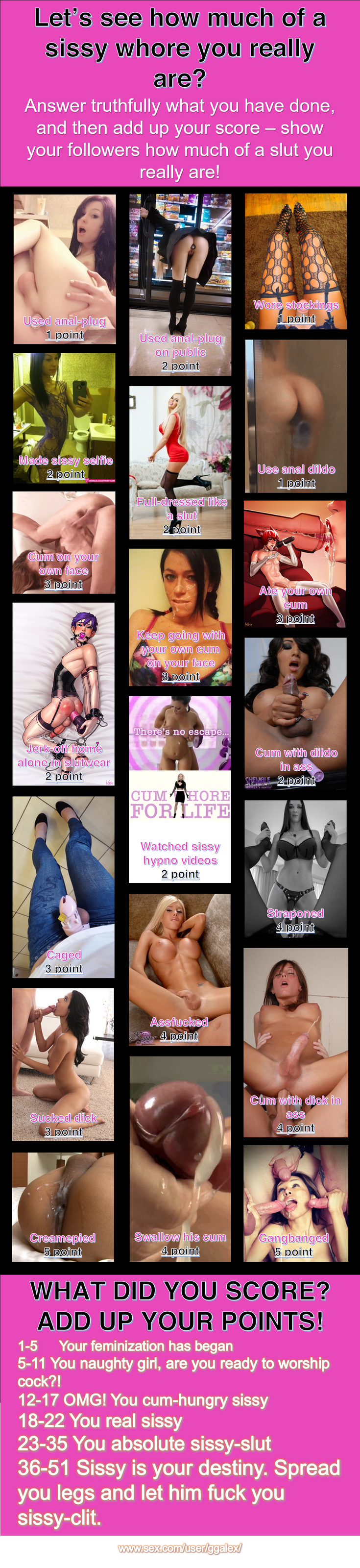 It's my first sissy game. Now I have 35 points, and you?.. Need to try swallow cum, be caged, straponed, let man cumshot in my ass and GB..