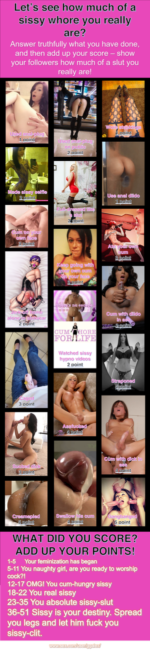It's my first sissy game. Now I have 35 points, and you?.. Need to try swallow cum, be caged, straponed, let man cumshot in my ass and GB..