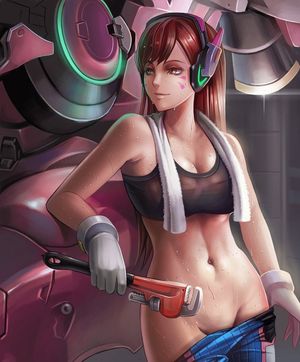 D.Va working on her mech and stripping down to cool off