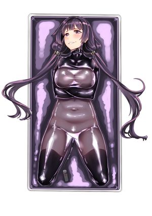 bdsm black_legwear blush bondage grin latex long_hair purple_eyes purple_hair rubber skintight smile straitjacket thighhighs twintails vacbed vibrator white_background