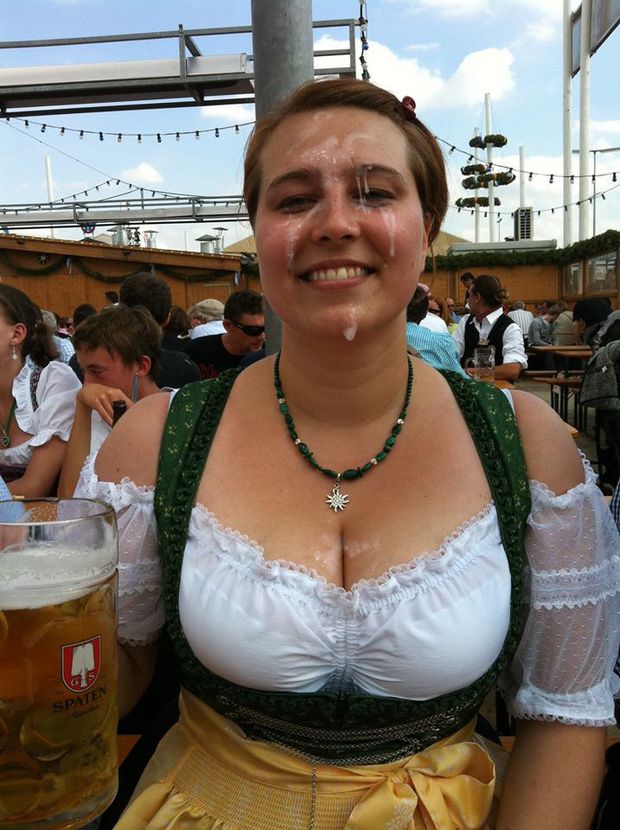 Busty german been wench in beer garden with cum all over her face