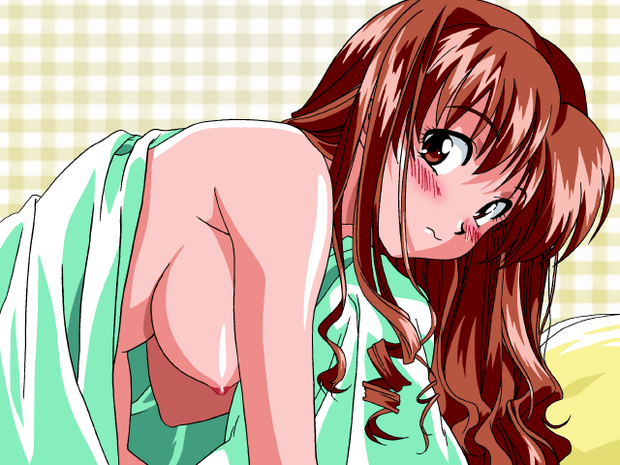 Cute and busty red haired  embarrassed at how slutty she’s been after a session of hard core hentai sex.
