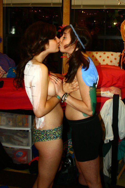 hot lesbian kissing while holding each others tits