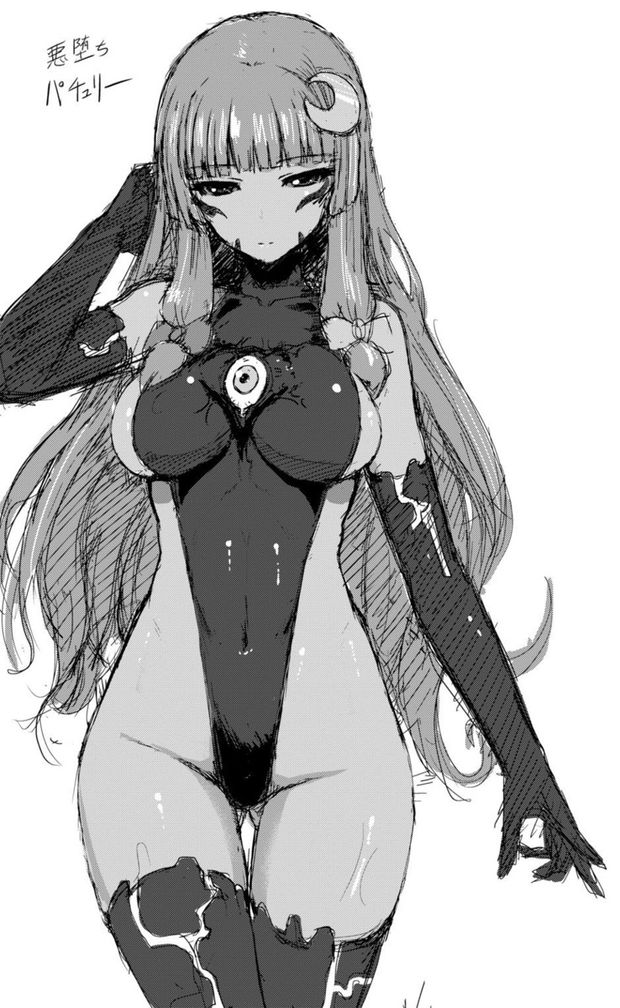 corruption femsub greyscale leotard long_hair patchouli_knowledge sketch text thighhighs touhou traditional