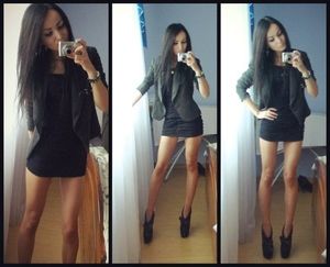 Hot brunette in black minidress