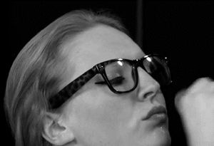 Shooting all over blond's glasses and forehead to achieve a royal mess