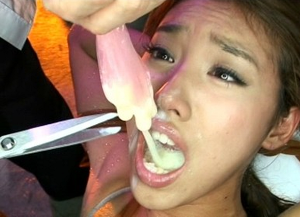 Asian drinking cum from condoms