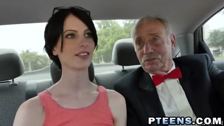 Super sexy black haired babe gets her asshole penetrated by an old dick