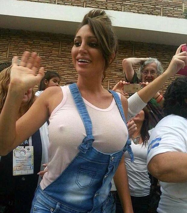 Nip show from busty brunette
