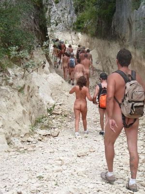 big group of naked hikers