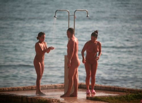 hot threesome at coed nudist outdoor shower