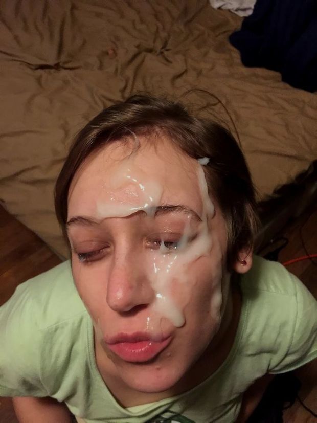Thick gooey facial for this brunette girlfriend