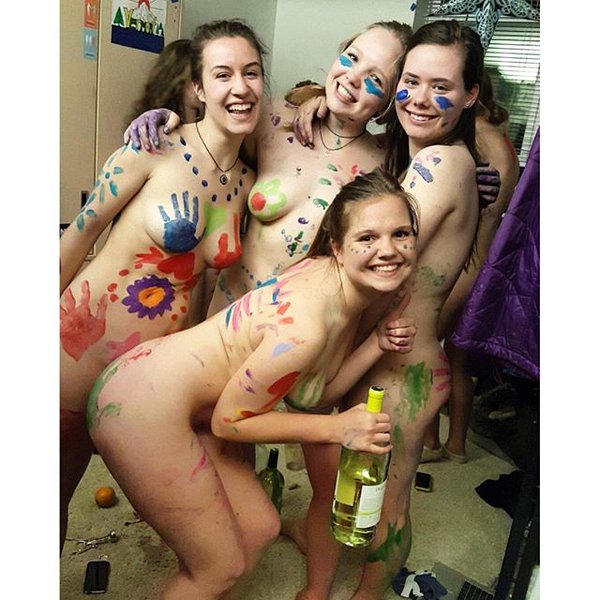 A bunch of totally nude VT cuties getting ready to show their bodies off to all their classmates