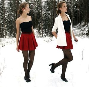 Strapless top, High red short skirt, black stockings, mmmm