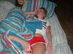 Accidental Nudity - Sleeping Blonde Red Shorts Pussy Slip