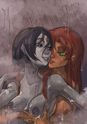 Raven and Starfire in the shower