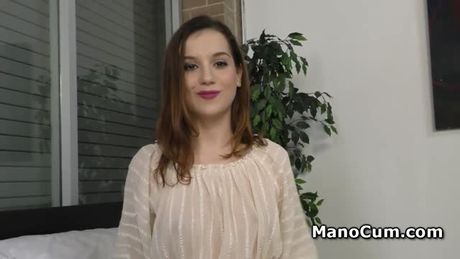 Cheeky babe teases big cock with hairy pussy and begs for facial