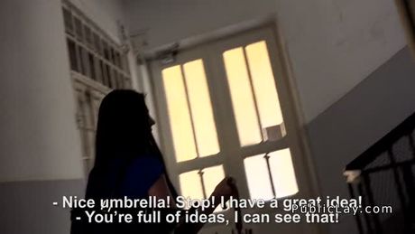 Dark haired amateur bangs for money indoor