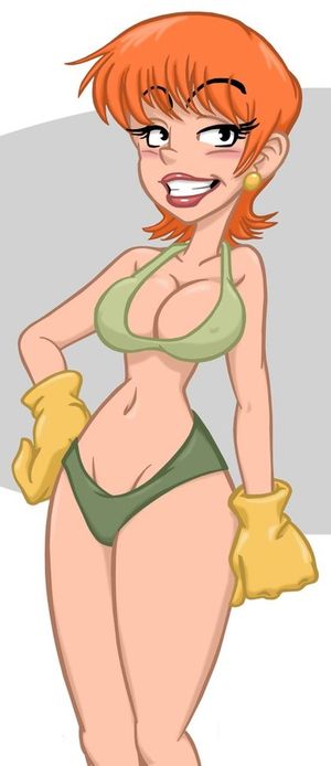 Anime milf wearing cleaning gloves