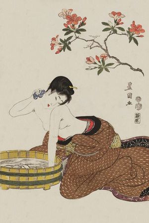 Woman bathing under flowers by Utahswa Toyokuni, 1800