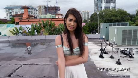 American student sucks on the roof top pov