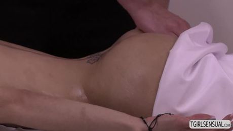 Big tits naughty TSgirl Sunday Valentina eats horny masseuse Roman Todd cock after he applies oil and rubs her hot curvy body.