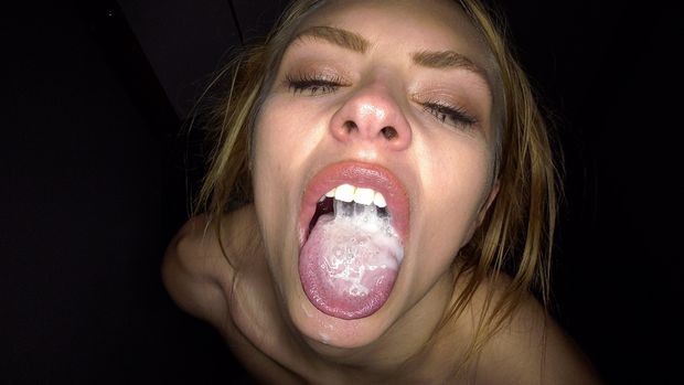 Showing us a huge load before swallow during her visit to the Gloryhole