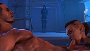 Mass Effect - Jack sucking Shepards cock while Ashley is coming in to join