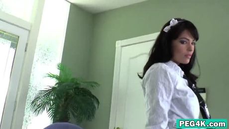 Dark hair babe doggy style anal stud strap on