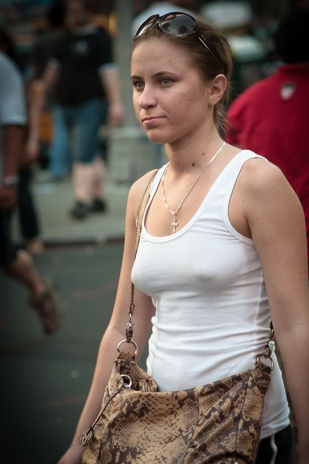 Braless babe with puffy nipples under white t-shirt