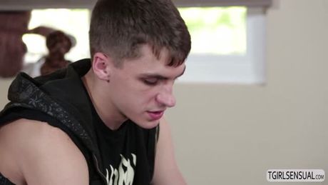 Teen Korey Houston mets his cheerful partner TS ebony teen Mara Nova. Mara and Kory make out like champ on his bed.