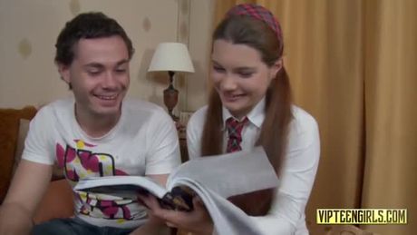 Russian schoolbabe tutors guy in English