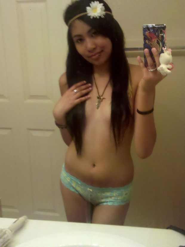 Sexy long hair asian teen nude boobless selfie