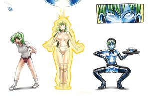 before_and_after femsub garter_belt gloves green_hair gym_uniform haigure hypnotic_beam maid original ponytail raygun robot robotization sequence sleepymaid spread_legs thighhighs transformation