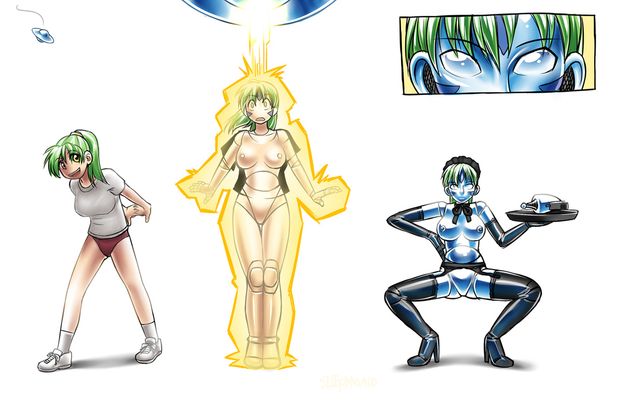 before_and_after femsub garter_belt gloves green_hair gym_uniform haigure hypnotic_beam maid original ponytail raygun robot robotization sequence sleepymaid spread_legs thighhighs transformation