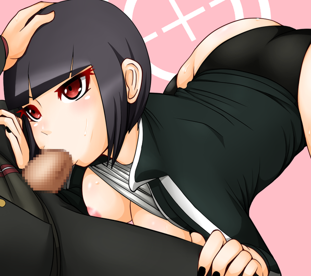 bikkuru black_hair breasts celestia_ludenberg danganronpa facial fellatio female hair nipples oral red_eyes reketsu short_hair sweat