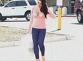 Sexy brunette tits out in public