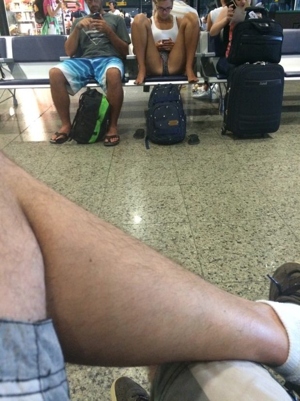 blonde in airport showing great crotch