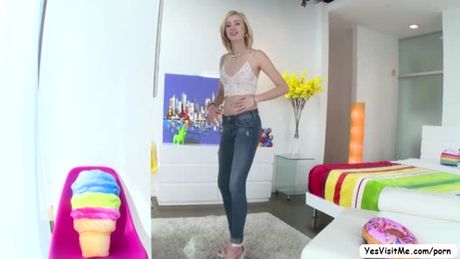 Hard Anal sex action with a skinny teen Haley and her lover in their bed room on a warm day.