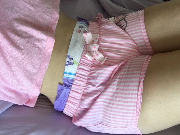 ABAlleycakes with diaper peeking over shorts